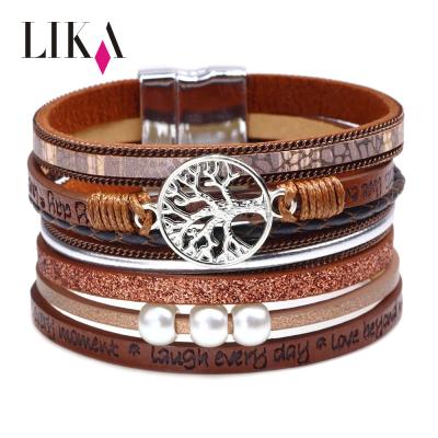 China BOHEMIA LIKA Women Men's Couples Jewelry Beads Tree of Life Charm Multilayer Leather Bracelet with Magnetic Clasp for sale