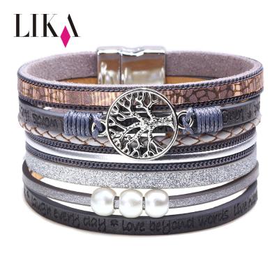 China Leather Chakra Magnetic Clasp Crystal Bohemia Tree of Life Bracelet LIKA Colorful Multilayer Sparkly Layered Fabric Metal Clasp Bracelet for sale