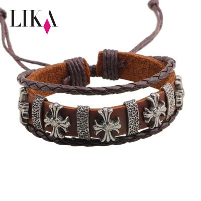 China LIKA Adjustable Retro Casual Jewelry metal clasp bracelet braid handmade genuine leather bracelet charm punk cross bracelets for sale