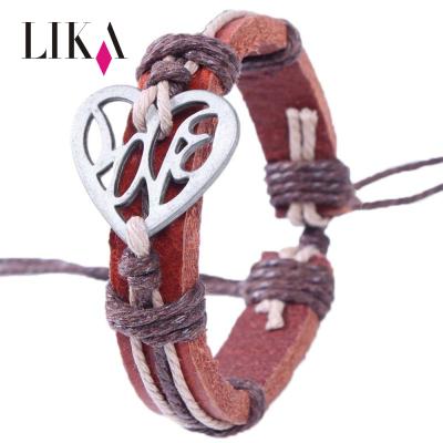 China Metal Clasp Bracelet LIKA Women Jewelry Fashion Alloy Hollowing Out Heart Shape Decoration Woven Wax Rope PU Leather Bracelet for sale