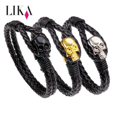 China LIKA Fashion Hand Leather Rope Bracelets Skull Metal Alloy Clasp Braided Jewelry Skull Metal Alloy Clasp Bracelets Genuine Leather Bracelet For Men for sale