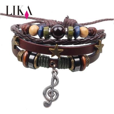 China Wholesale Fashion Leather Wrap Bracelet Lika Wax Rope Bead Weave Multilayer Leather Bracelet For Men With Musical Note Bracelet for sale