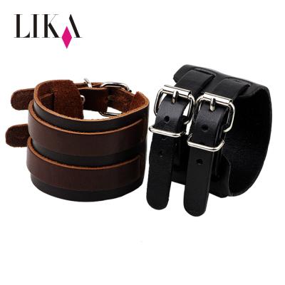 China Pure Color PU LIKA Adjustable Vintage Double Level Bracelet Slap Off Genuine Leather Bracelets Punk Wristband for sale