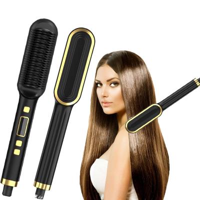 China Professional Safety Hair Straightener Brush Hair Comb Brush Hot Heating Ceramic Massager Straightening Curler Brush Styling Tool 2 in 1 for sale