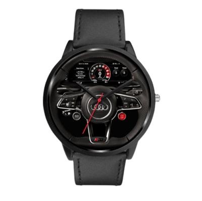 China Custom 3D Day/Date Mens Sports Luxury Metal Car Steering Wheel Tachometer Stainless Steel Band Rim Car Wheel Watch for sale