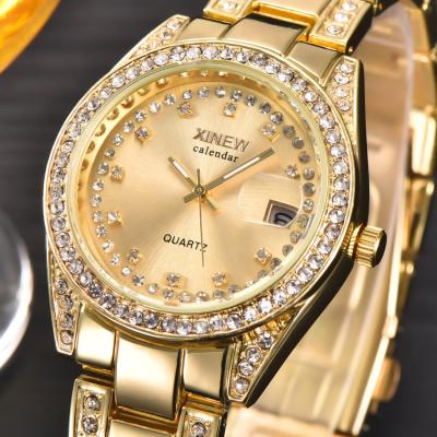 China Wholesale Day/Date Iced Out Luxury Gold Plated Stainless Steel Diamond Quartz Watches Women Hip Hop Crystal Watches Relogio Wristwatch for sale