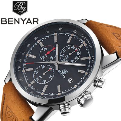 China Benyar non-specific men watch top brand sport quartz luxury male leather waterproof chronograph military wristwatch men synchronize relogio for sale