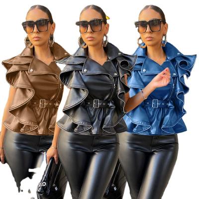 China 2021 Women's New Fashion Breathable Lapel Ruffle Artificial Leather Sleeveless Coat for sale