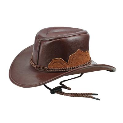 China Custom PU striped leather cowboy hat with string for sale