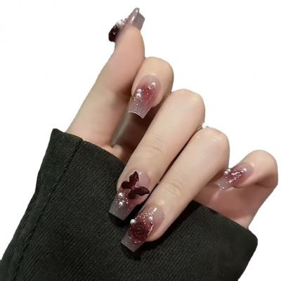 China Design sauce red gradient butterfly wholesale pure hand-made light therapy dark red press on nails for sale