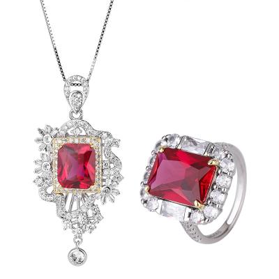 China Personality Diamond Ruby Necklace Jewelry Set Wholesale Vintage Fashion Luxury Ruby Women's Earrings for sale