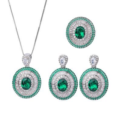 China Vintage Beauty Emerald Green Crystal Oval Pendant Luxury Necklace Ring Earrings Fine Jewelry Set for Women for sale