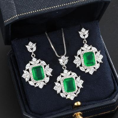 China Vintage Emerald Gemstone Cubic Zirconia Earring Luxury High Quality Ring Necklace Women Jewelry Set for sale