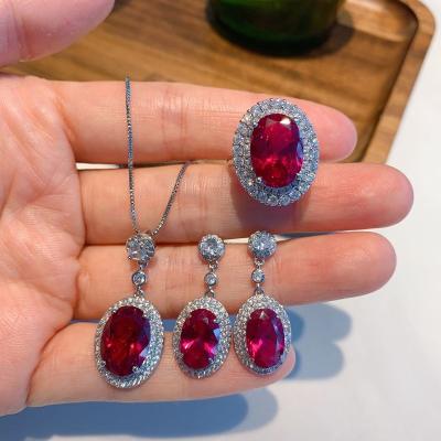 China Vintage Tourmaline Stone Ruby Ring Zirconia Jewelry Necklace Earrings Set For Women Temperament Party for sale