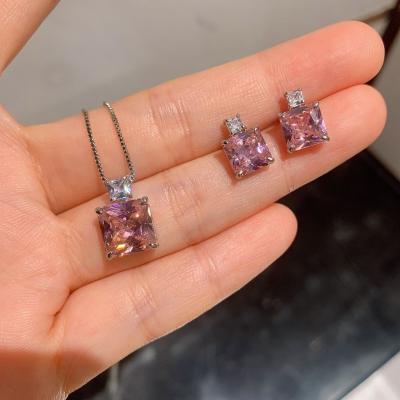 China Vintage Trendy Luxury Platinum Plated Zirccon Earrings Necklace Set Square Pink Diamond Zircon Jewelry Set For Ladies for sale