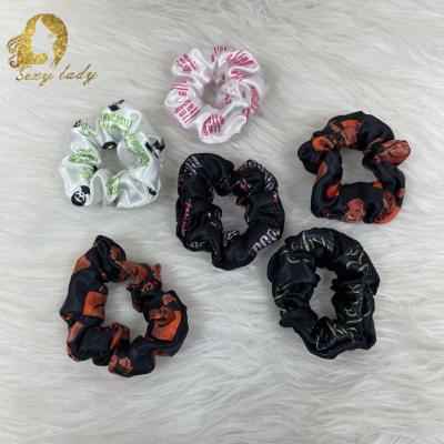 China Custom hair decoration logo printed colorful hair ties on elastic bands ribbons silk scrunchies for sale