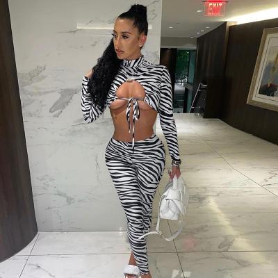 China Breathable women fashion clothes styles new arrivals two piece pants set crop top trending zebra print 2 piece pants set 2021 for sale