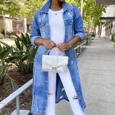 China Breathable drop shipping 1pcs denim jacket women fall wholesale 2021 3 color casual women plus size ripped long denim jackets for sale