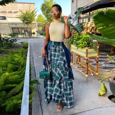 China Breathable Drop Shipping Wholesale 2021 Autumn Long Plaid Skirt Women 1pcs Casual Plus Size High Waisted Pleated Skirt Long Plaid Printing for sale