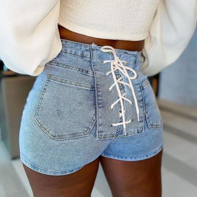 China Breathable Drop Shipping 1pcs Women's Denim Shorts Solid Color Summer 2021 Trendy Wholesale Stretch Behind Denim Jean Bandage Shorts for sale