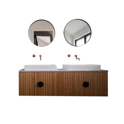 China Nature Color French Wood Grain Vanity Cabinet With Round Mirror Te koop