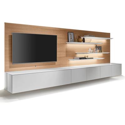 China Modern Designers Favorites TV Cabinet Unit Designs With LED Lighting In White And Woodgrain Te koop