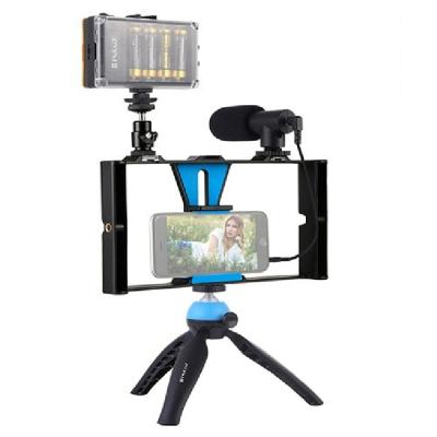 China PULUZ 4in1 Vlogging Live Broadcast LED Selfie Light Smartphone Kits Video Rig with Microphone Tripod Mount Shoe Tripod Cold Head PKT3023 for sale