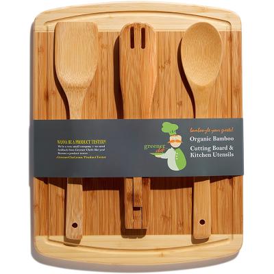 China Sustainable Promotion Camping Bamboo Wooden Cutting Board Set With Kitchen Utensil for sale