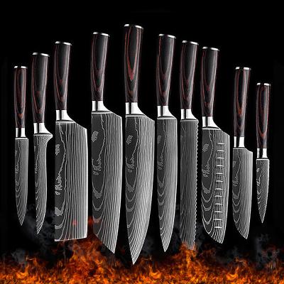 China Viable Custom 10 Pcs Damascus Pattern Chef Kitchen Knife Sets Cooking Stainless Steel Knife Set for sale