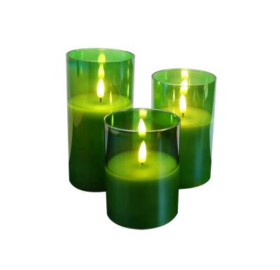 China Pure White Real Wax Set of 3 Battery Operated  Flameless Flickering 3D Real Flame Electronic Wax LED Candle in Green Glass Jar with Remote and Timer for sale