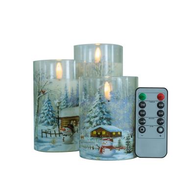 China Christmas Pattern; Pure White Real Wax Snowy Snowman Pattern Glass Flameless Candle with Remote Timer Battery Operated Flickering LED Pillar Candles 3 Pack Warm White for sale