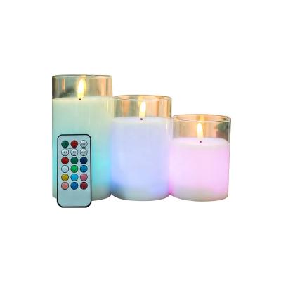 China Color changing; Pure White Real Wax 3PCS Multi Colored Changing Battery Powered Flameless Flickering 3D Real Flame Electronic Wax Glass LED Candle with Remote/Timer for sale