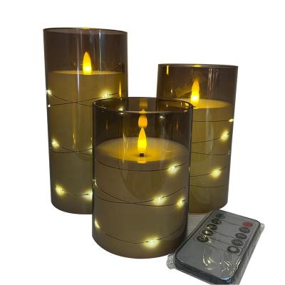 China Durable acrylic cup Set of 3 Grey Flameless Flickering Acrylic LED Plastic Candle Set with LED String Lights Decoration and Remote Control & Timer for sale