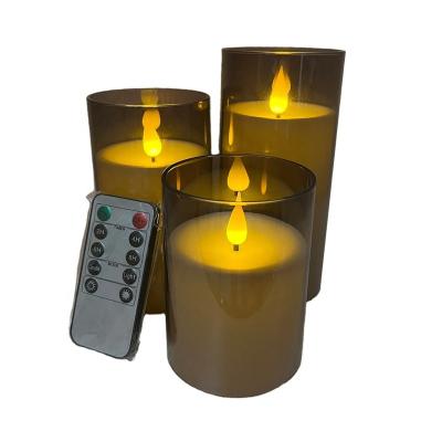 China Durable acrylic cup 3''x4''5''6''7''8'' Grey Flameless Flickering New 3D Wick Acrylic LED Plastic Pillar Candle Set with LED Remote Control & Timer for sale