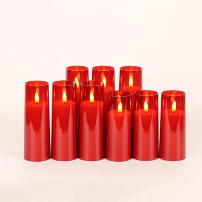 China Durable acrylic cup 2.2''x5''6''7''8'' Red Flameless Flickering New 3D Wick Acrylic LED Plastic Pillar Candle Set with LED Remote Control for sale