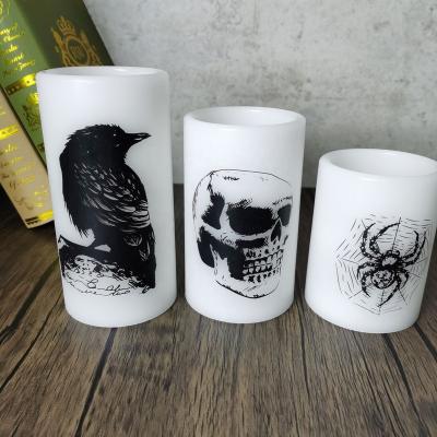 China Halloween elements; Real wax; Customized patterns Halloween Flameless Flickering Real Wax LED Pillar Candles Battery Operated Decals Crow Raven, Spider Web, Skull Decor Gift for sale