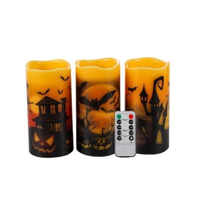 China Dimmable Halloween Flameless Flickering Real Wax LED Pillar Artificial Candles Battery Operated Decals Witch, Bats, Castle Decor Gift for sale