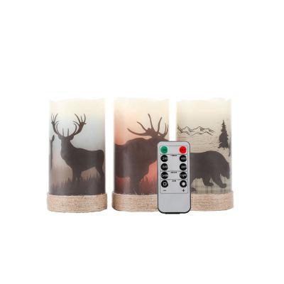 China Dimmable Halloween Flameless Flickering Real Wax Led Candles with Hemp Rope and Timer, Battery Powered Set of 3 with Deer, Moose, Bear for sale