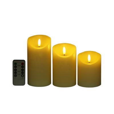 China Birthdays High Quality Real Wax Flameless Flickering Ivory LED Pillar Candles Set of 3 with 3D Wick and Remote Control for Home Decor for sale