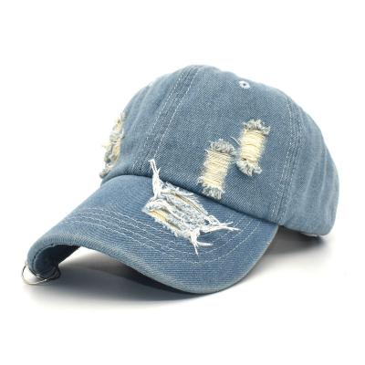 China JOINT Punk Style Baseball Caps With Metal Pin Men Women Worn Out Denim Hip Hop Snapback Hats Casual Cotton Curved Sun Hats With Ring for sale