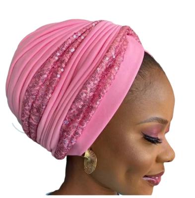 China Latest RELIGION Shinning Sequins Turban Hat For Women Female Head Ready Wraps Geles Auto African Aso Oke Headtie Ever Made Headties for sale