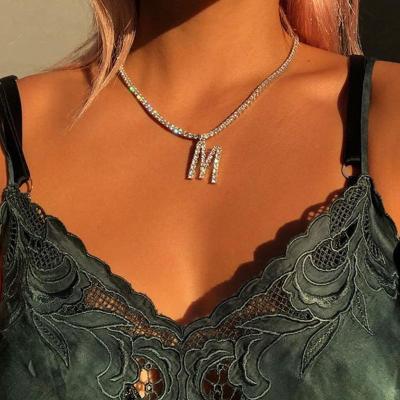 China Cute 26 Letter Rhinestone Necklace Women's Crystal Choker Pendant Necklace Tennis Necklace Jewelry for sale