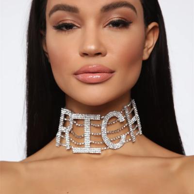 China RICH Letter Choker Necklace Luxury Rhinestone Cute Shiny Ladies Crystal Necklace Jewelry punk for sale