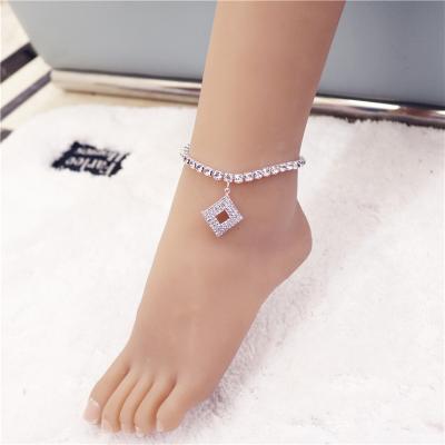 China Fashion Cute Crystal Square Pendant Tennis Chain Anklet Hip Hop Foot Jewelry For Girl Shiny Rhinestone Leg Anklet Chain for sale