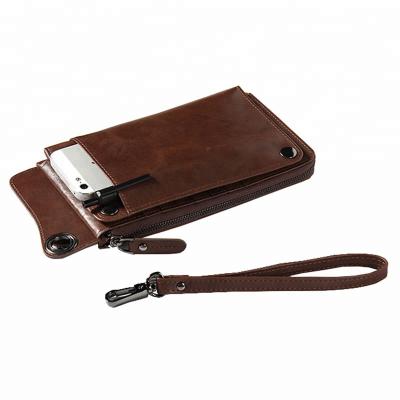 China Custom Made High Quality RFID Wallet Men Cell Phone Leather Cell Phone Wallet Case With Wrist Strap for sale