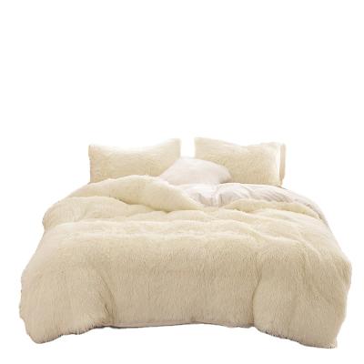 China Anti-Pull Luxury Winter Warm Plush Long 3 Piece Set White Fluffy Faux Fur Duvet Cover Set With Mink Velvet Comfy Bedding Linen Set for sale