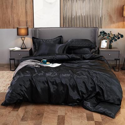 China Disposable Solid Black Color Hotel Silk Bedding Sets Double Queen King Satin Luxury Bedding Set For Wedding for sale