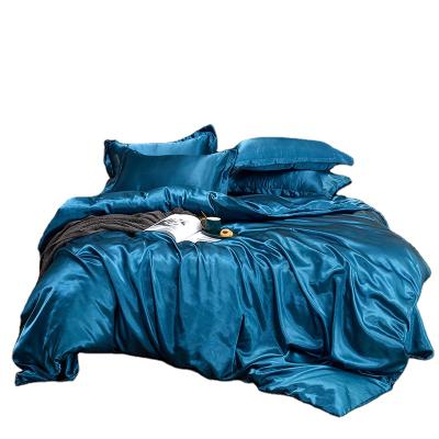 China Disposable Home Textile Satin Solid Color Shinning Silk Bedding Set 4PC Fitted Sheet And Flat Sheet Silk Set for sale