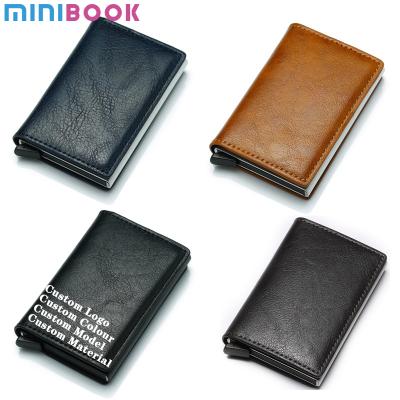 China Vintage Minibook Metal PU Metal Rfid Leather Wallet Blocking Credit Card Auto Aluminum Holder Custom Wallets for sale