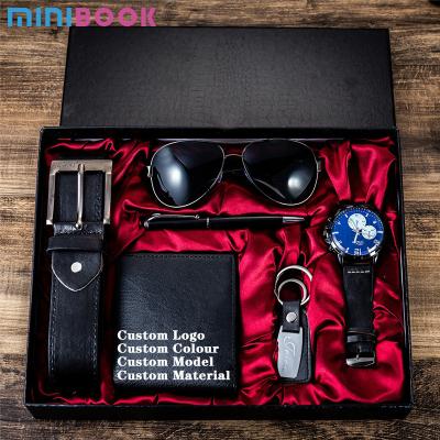 China Minibook PU Fashion Men's Creative Gift Suit Sunglasses And Key Chains Beautifully Packed Belt Watch Wallet Pen Suit Combination for sale